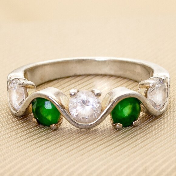 Elegant CZ Emerald and CZ Diamond Accent Ring, Yellow Gold Plating On 925 Silver - Picture 1 of 5